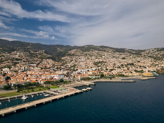 Funchal city of Madeira island Portugal with fortress on the coast of Atlantic Ocean. Aerial view