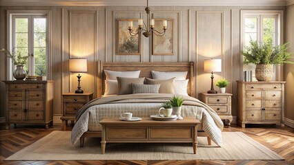 Cozy modern bedroom featuring beige bedding, rustic bedside cabinet, and elegant French country interior design elements, serene ambiance.