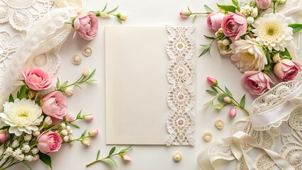 Elegant feminine wedding stationery mockup with ornate lace and floral details on a crisp white background featuring ample copy space.