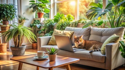 Fototapeta premium Cozy living room setup with laptop, notebook, and cat lounging on couch, surrounded by plants and warm natural light atmosphere.