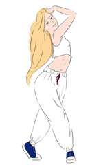 Girl with blond hair in sportswear dancing, illustration