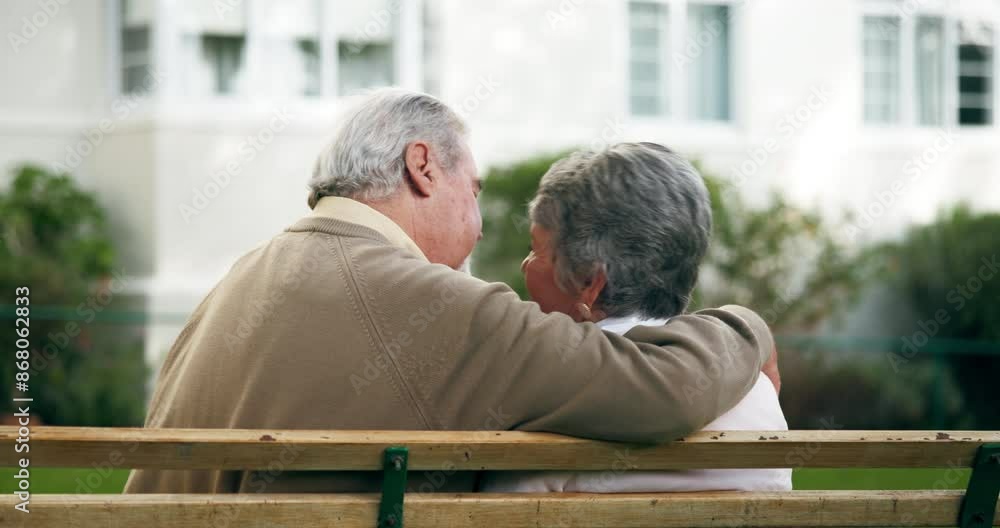 Poster Senior couple, back view and sitting in garden for relax, love and support for retirement. Calm, elderly man and woman in backyard of nursing home for care, pride and wellness for relationship