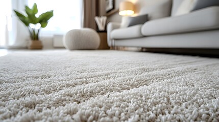 A clean, fluffy carpet in the living room of an apartment. The focus is on the plush texture and softness of the white rug with visible threads.