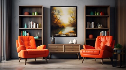 The image displays a modern living room setting featuring two orange armchairs with a wooden cabinet in the background
