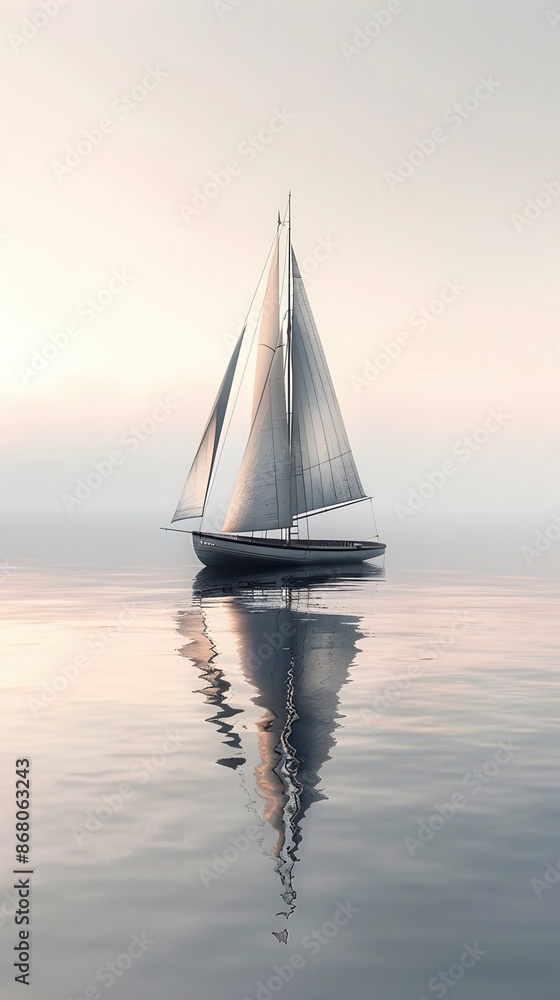 Wall mural Ethereal Sailboat Adrift on Tranquil Waters - Minimalist Watercolor Style Coastal Impression