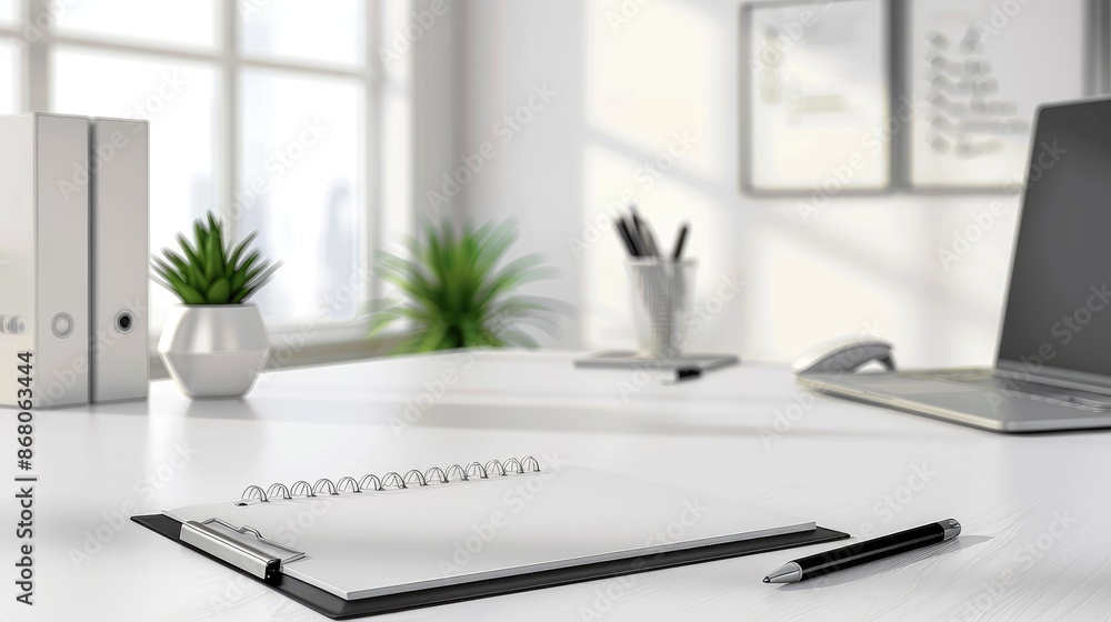 Poster clean desk with a blank notebook and pen in an office