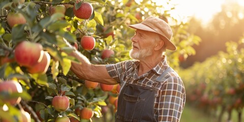 Happy Farmer Picking Apples from Orchard Trees, Celebrating Labor Day, Natural and Organic Autumn Harvest, Joyful and Appreciating Food, AI-Generated High-Resolution Wallpaper, Background