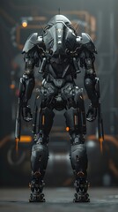 Fototapeta premium Powerful Cyber Mech With Expansive Mechanical Wings and Combat-Oriented Frame Poised in Readied Stance