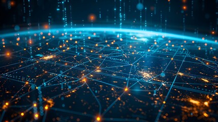 Fototapeta premium A digital illustration of Earth with glowing blue network connections connecting cities across continents, symbolizing global connectivity and technology's role in spreading information seamlessly