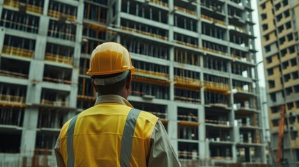 Back view of construction engineer in standard safety looking at the building in the construction site