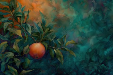 Abstract Acrylic Ink Apple Painting with Lush Leaves on Branch