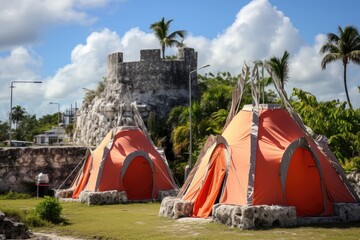 Coral Castle Camping: Tents near a castle made of living coral.