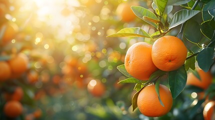 A oranges growing on trees in an orange grove, with sunlight shining through the leaves and creating a warm glow over them.