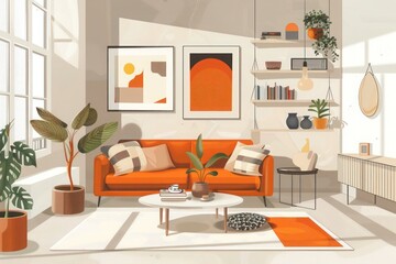 Contemporary Scandinavian Interior: Modern Apartment with Living Room Decorated in Orange and Beige, Offering Trendy Home Styling Ideas