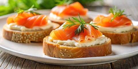 Closeup of a healthy salmon and cheese canape on a bread plate served as a gourmet appetizer , appetizer, canape, salmon, cheese