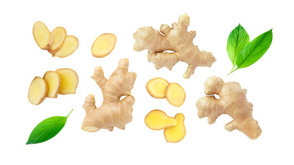 Ginger root with sliced and green leaves collection isolated on white background , clipping path.