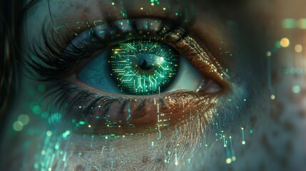 Green eye decorated with glowing electrical circuits.
