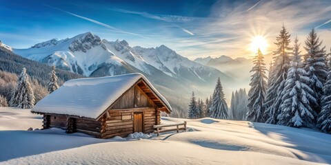 Fototapeta premium Snowy winter landscape with a cozy wooden hut nestled in the mountains , winter, landscape, hut, snow, cabin, cozy, mountains