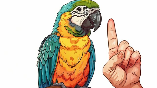 Person training their parrot to talk, with a colorful bird perched on their finger. Cartoon illustrations vectors Generative AI