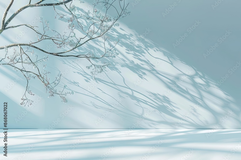 Poster light blue background with tree shadow for product presentation.