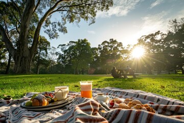 Sunset Picnic Blanket in a Lush Green Park