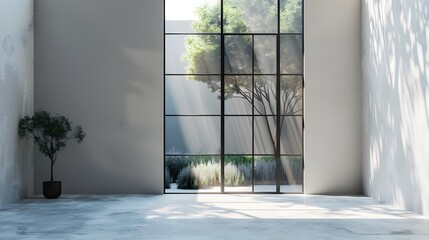 A sleek black metal door with frosted glass panels, perfectly centered against a light gray wall. The area is devoid of any distracting elements, on the door's elegant structure.