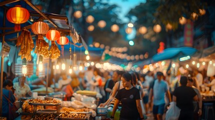 Naklejka premium A vibrant street food market captured in the photo, with the bustling crowd in focus and the stalls in a soft blur. The lively atmosphere are reminiscent of popular travelogues.