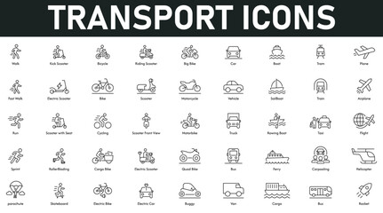 Transport Icons vector illustration with thin line editable stroke contains scooter, bicycle, car, boat, train, plane, motorcycle, truck, flight, parachute, skateboard, van, buggy, rocket, bus, cargo.