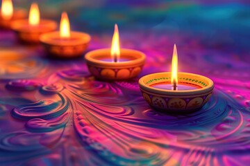 Lit candles in small decorative clay pots burning on patterned table cloth. celebration, religion, tradition and ceremony concept.