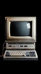 An old computer with a keyboard and monitor.