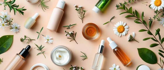 Flat lay of beauty products including serums, creams, and oils, organized and stylish, must-have beauty items, and skincare essentials