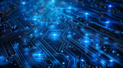 Abstract blue circuit board background with glowing lights and dots, symbolizing technology and digital design. High-tech futuristic pattern for web banner or presentation. copy space.