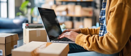 Person managing an online store inventory using cloud-based software, organized and efficient workflow, successful ecommerce