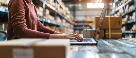 Person managing an online store inventory using cloud-based software, organized and efficient workflow, successful ecommerce