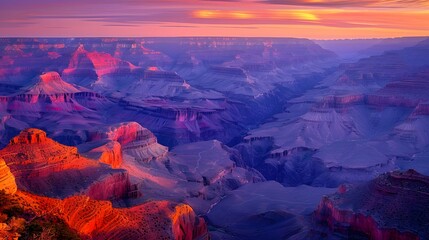Obraz premium The Grand Canyon at dawn, with layers of rock formations illuminated in a palette of red, orange, and purple hues. creating a dramatic and serene landscape.