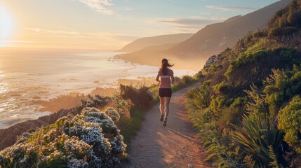 Obraz premium Woman running along a scenic coastal path, early morning light, invigorating fitness activity, healthy lifestyle