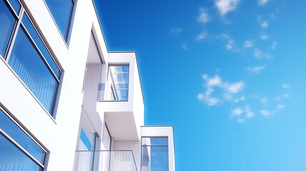 The image features a modern residential building with a clean and minimalist design, set against a bright blue sky