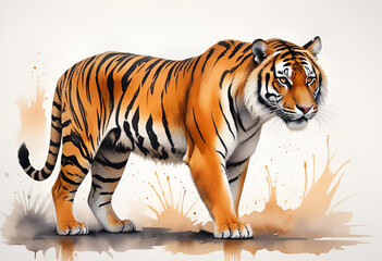 Obraz premium A fierce Bengal tiger with glistening orange and black fur stands tall on a plain white background, captured in creative, detailed brush strokes. Ideal for any print or digital project.