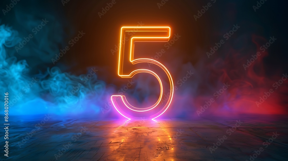 Poster the image shows a 3d rendering of the number 5 in neon orange floating above a reflective surface.