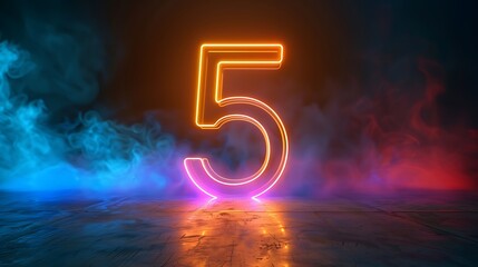 The image shows a 3D rendering of the number 5 in neon orange floating above a reflective surface.