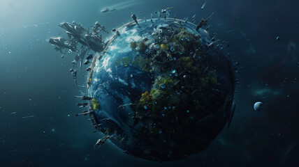 A planet made of intricate tech and futuristic objects