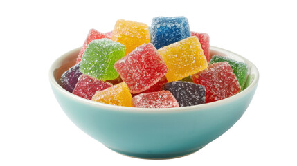Sugar coated gelatin gummy sweets in bowl on transparent background
