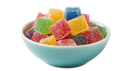 Sugar coated gelatin gummy sweets in bowl on transparent background