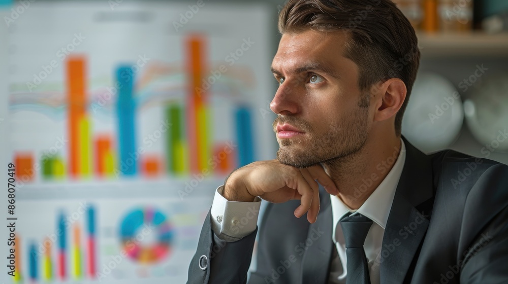 Poster business professional in a suit deep in thought, analyzing colorful charts and graphs, focusing on d