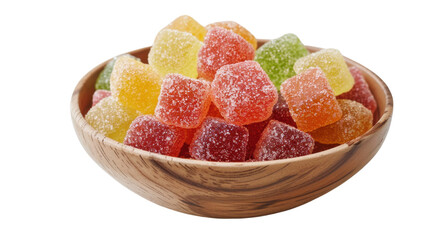 Sugar coated gelatin gummy sweets in bowl on transparent background