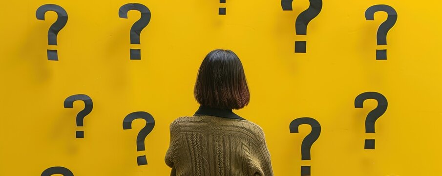 Woman standing in front of a yellow wall with multiple question marks, symbolizing uncertainty, curiosity, or decision-making.