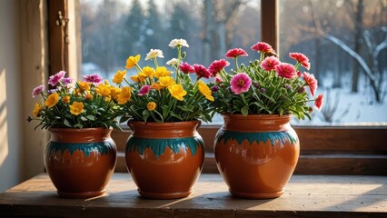 Three Pots of Colorful Flowers on a Windowsill.