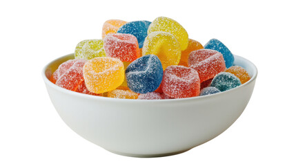 Sugar coated gelatin gummy sweets in bowl on transparent background