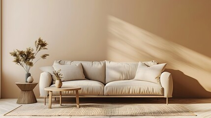 Beige sofa and side table against beige wall in a living room interior, 3D rendering mock up with copy space for text or product display presentation of a home design concept.