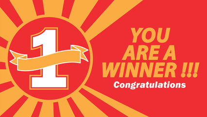 Winner congratulations concept vector design in yellow and red colors. first place win competition.